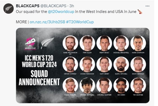 15-member NZ squad, excluding Ben Sears who will be with the team as a travelling reserve. — X/@BLACKCAPS