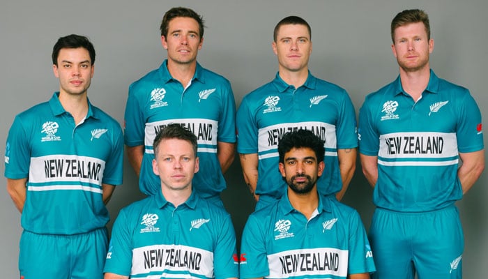 New Zealand cricket team players pose for a photo in their T20 World Cup 2024 kit in this image released on April 29, 2024. — X/BLACKCAPS