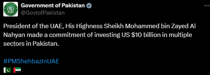 In meeting with PM Shehbaz, UAE president allocates $10bn investment in Pakistan