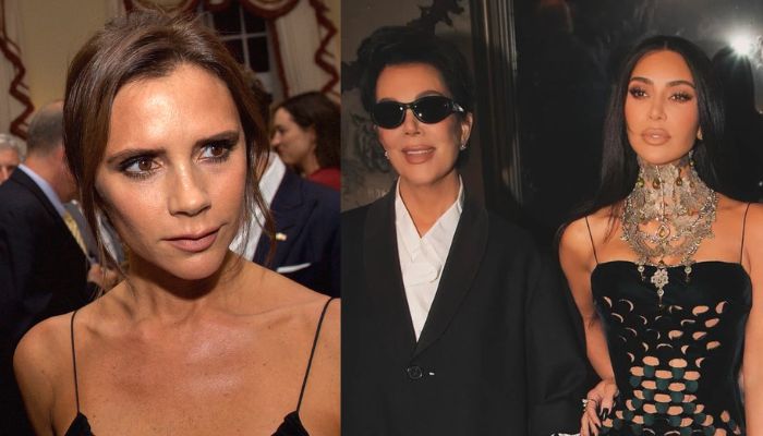 Victoria Beckham reacts to Kim, Kris holding up her Paris Fashion Week show