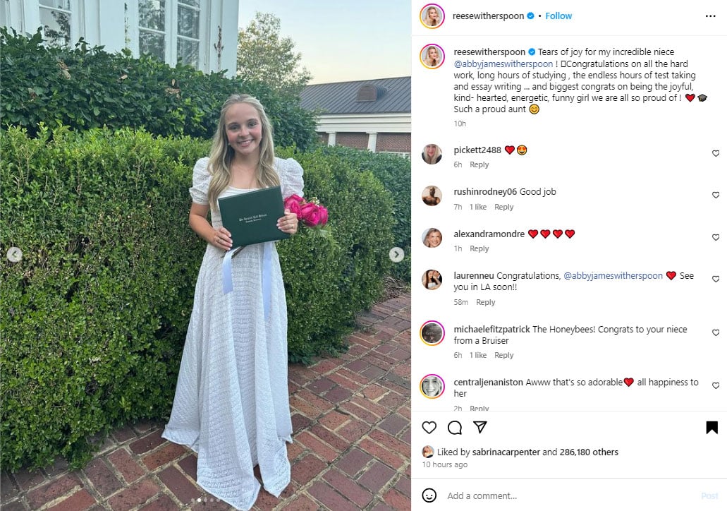 Reese Witherspoon celebrates look alike niece Abby Johns major milestone