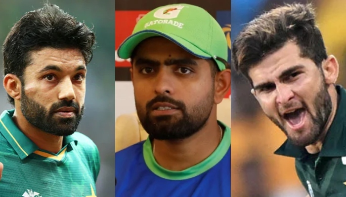 (From left to right) Pakistan teams wicket-keeper batter Mohammad Rizwan, skipper Babar Azam and star pacer Shaheen Afridi. — AFP/Reuters/File