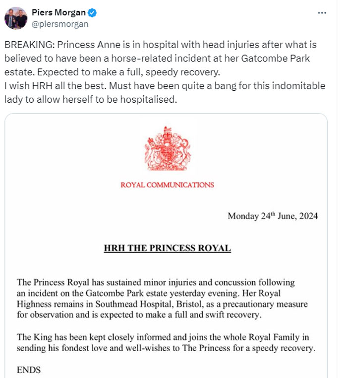 Piers Morgan breaks silence on Princess Annes accident