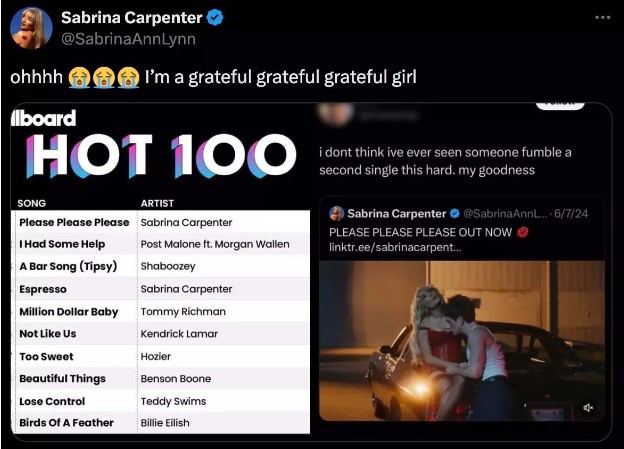 Sabrina Carpenter reacts to haters with chart-topping comeback