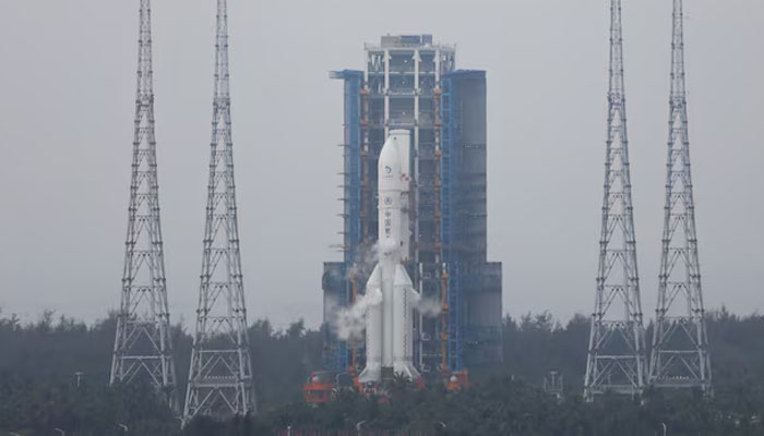 The Change 6 lunar probe and the Long March-5 Y8 carrier rocket combination sit atop the launch pad at the Wenchang Space Launch Site in Hainan province, China on May 3, 2024. — Reuters