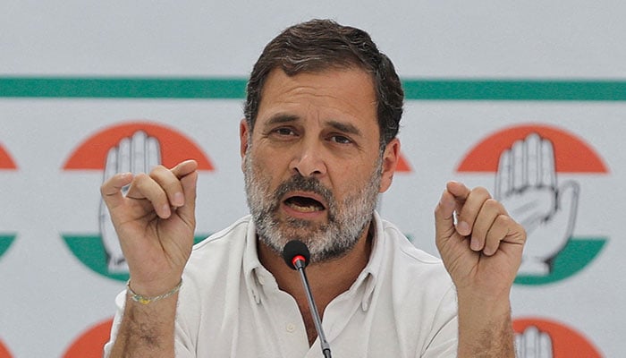 Rahul Gandhi, a senior leader of Indias main opposition Congress party, gestures as he addresses the media during the partys manifesto release event ahead of the general election, in New Delhi, India, April 5, 2024. — Reuters