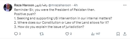 — Screengrab of Raza Haroons X post.