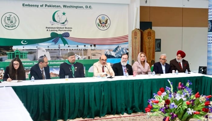 Pakistani Ambassador to the United States Masood Khan addressing the interfaith dialogue event in Washington on June 26, 2024. —Embassy of Pakistan in US