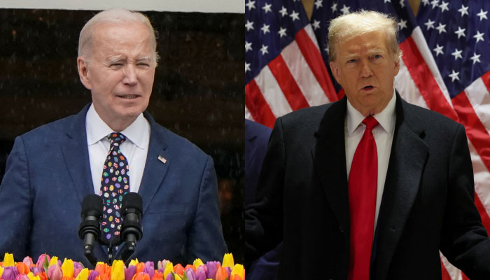President Joe Biden (L) attends the annual Easter Egg Roll in Washington on April 1, 2024, and former president Donald Trump speaks during a press conference in New York City on March 25, 2024. — Reuters