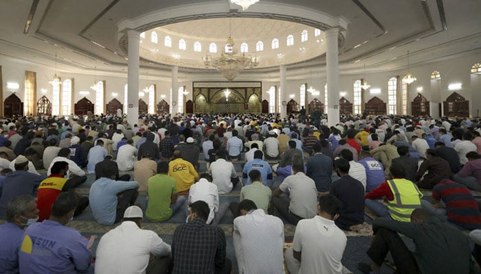 Muslim men perform Friday prayer at a mosque in Dubai. — AFP File