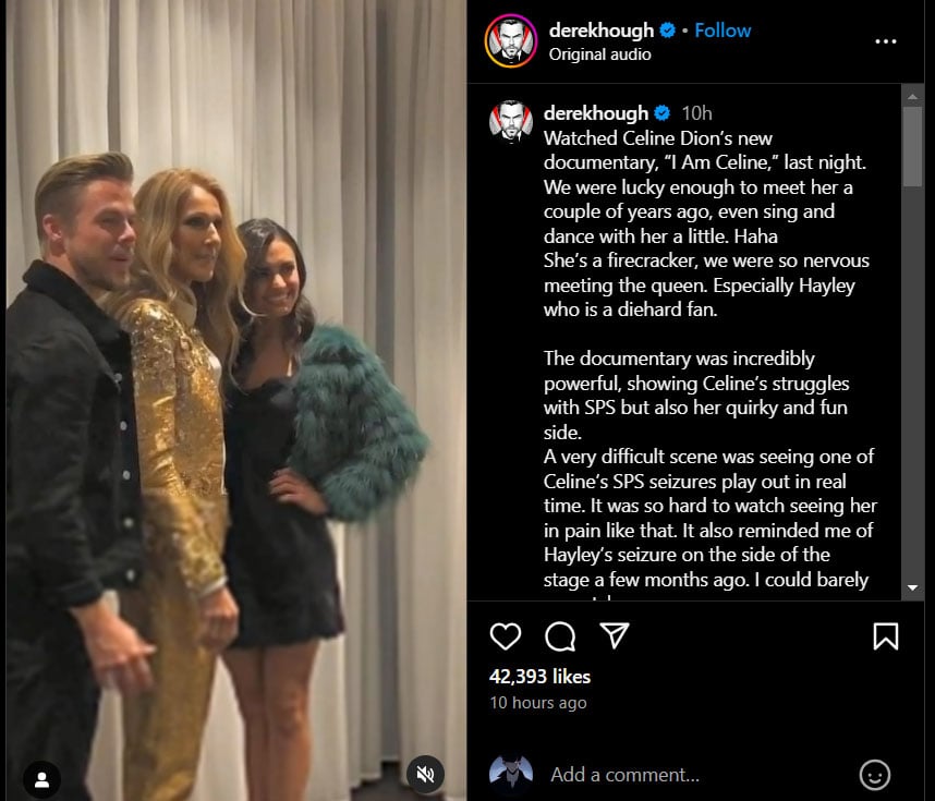 Céline Dion pain reminds Derek Hough of his wife