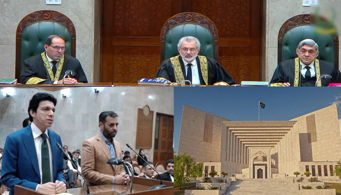 SC bench chaired by CJP Qazi Faez Isa conducts hearing in Islamabad on June 28, 2024, as lawmakers Faisal Vawda and Mustafa Kamal stand before it. — Screengrab/GeoNews Live