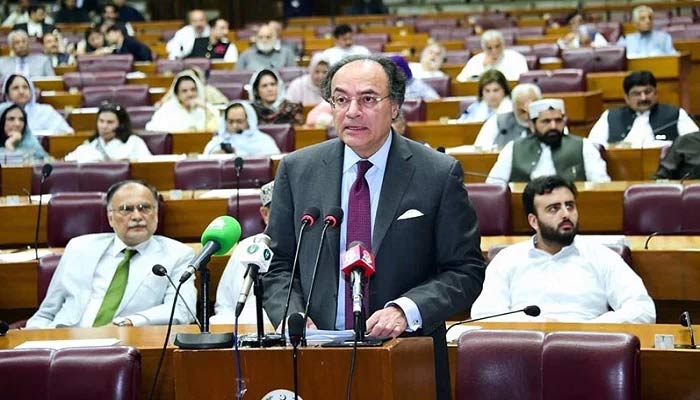 Finance Minister Muhammad Aurangzeb addressing on the floor of the National Assembly. —Facebook/@NationalAssemblyOfPakistan