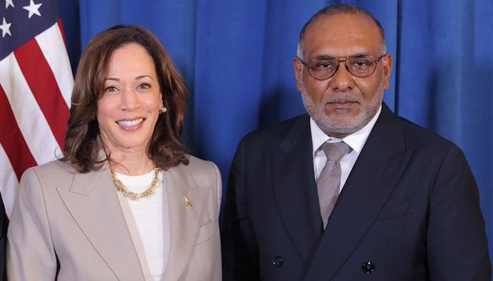 US Vice President Kamala Harris (left) with Pakistani-American Tanweer Ahmed at the Biden Victory Fund fundraiser in Bradbury, California on June 27, 2024. — X/@itanweerahmed