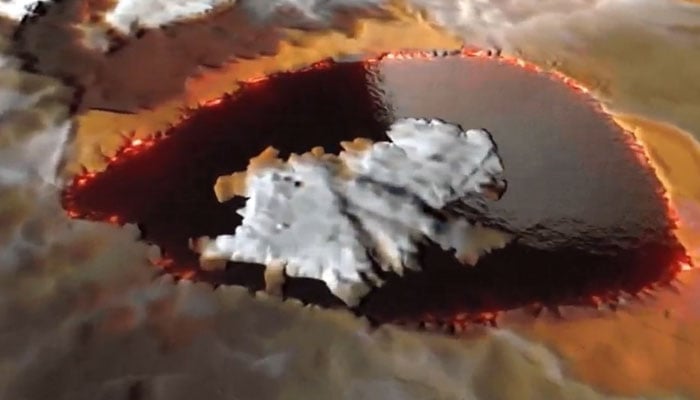 An illustration depicting a lava lake on surface of Jupiters moon Io. — Nasa