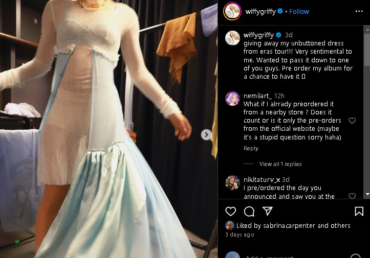 Griff wore handmade dress inspired by the But Daddy I Love Him lyrics at Taylor Swift Eras Tour opening