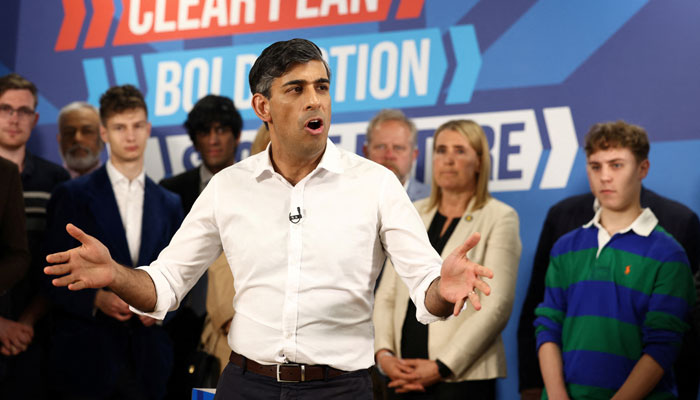 Britains Prime Minister and Conservative Party leader, Rishi Sunak delivers a speech in Leeds, northern England on June 27, 2024, as part of a campaign event ahead of the upcoming general election in UK. — Reuters