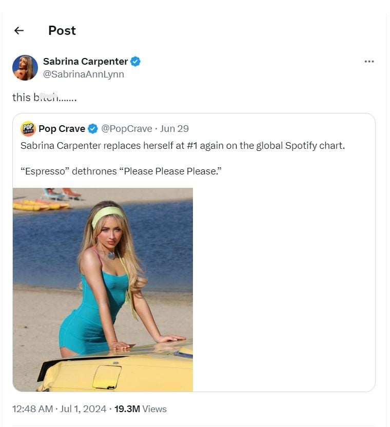 Sabrina Carpenter gives witty reaction to Spotify success