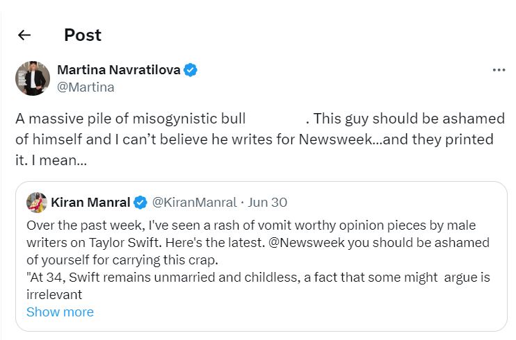 Martina Navratilova rushes to defend Taylor Swift