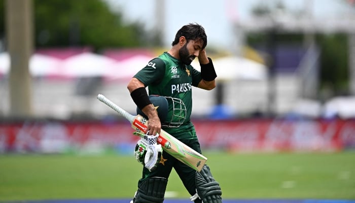 Wicketkeeper Mohammad Rizwan walks out after being dismissed during the ICC Twenty20 World Cup 2024 match between Pakistan and Ireland at Central Broward Park & Broward County Stadium in Lauderhill, Florida, on June 16, 2024. —AFP