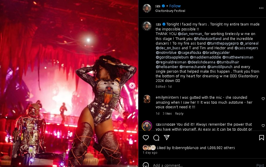 SZA reflects on her Glastonbury headline set