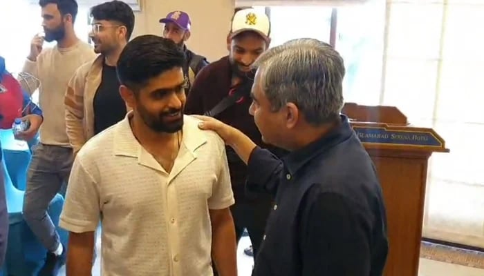 Mohsin Naqvi (right) and Babar Azam (left) meet in this undated image. — PCB/File