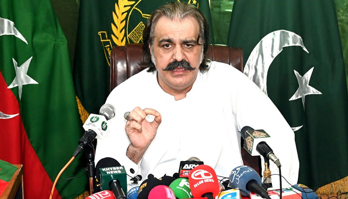 Khyber Pakhtunkhwa Chief Minister Ali Amin Gandpur addressing a press conference on May 10, 2024 in DI Khan. — NNI