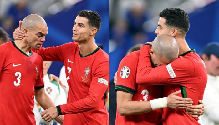 This combination of images shows Portugals Cristiano Ronaldo (right) hugging his teammate Pepe after France defeated their team in their Euro 2024 quarter-final clash at Hamburg Volksparkstadion, Hamburg, Germany on July 5, 2024. — Reuters