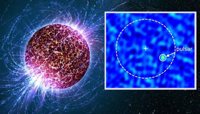 An illustration of a rapidly spinning neutron star or pulsar (inset) a VLITE 340 MHz image of GLIMPSE-C01A from February 27, 2021. — Nasa/National Radio Astronomy Observatory/NRL/Texas Tech