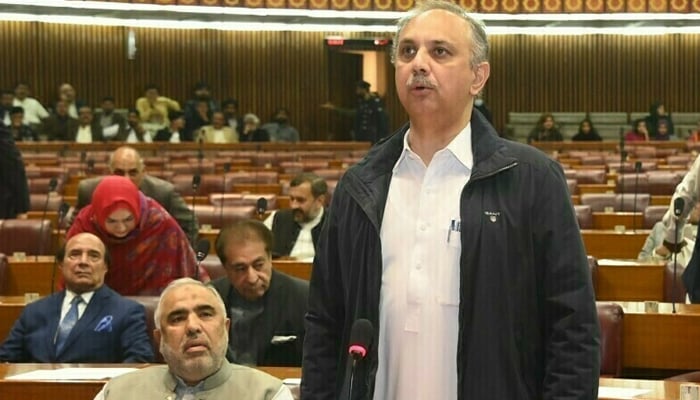 PTI Secretary General Omar Ayub speaks on the floor of the National Assembly. — X/@NAofPakistan