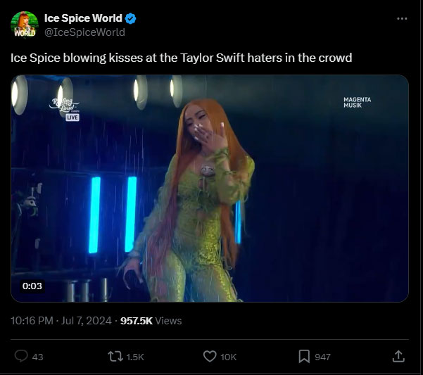 Ice Spice responds to audience for booing Taylor Swifts song