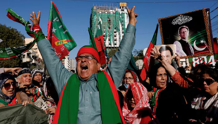 Supporters of PTI chant slogans as they gather during a protest demanding free and fair results of the elections, outside the provincial election commission office in Karachi, Pakistan February 17, 2024. — Reuters