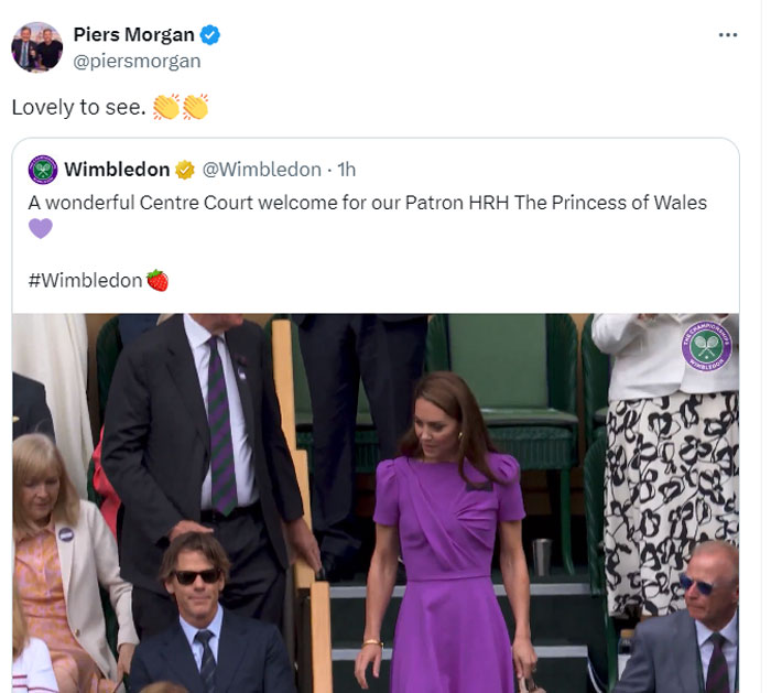 Piers Morgan reacts to Kate Middletons Wimbledon appearance