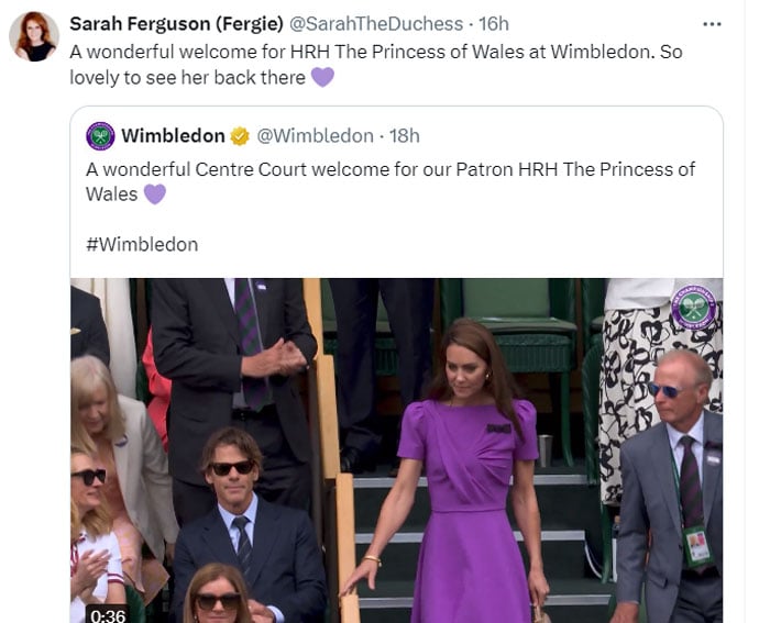 Sarah Ferguson expresses sincere feelings over Kate Middletons Wimbledon appearance