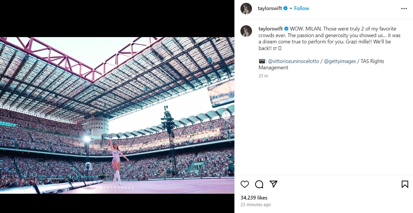 Taylor Swift expresses love for dream come true Milan crowd