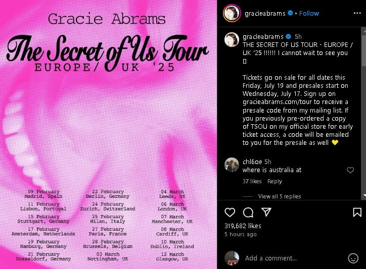 Gracie Abrams announced her Dublin show as part of her European tour after making headlines alongside Taylor Swift