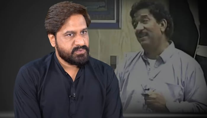 Izhar Haider speaks durin an interview with Ali Muhammad Sachay (noha khuwan) in the background. — Screengrab/Geo Digital