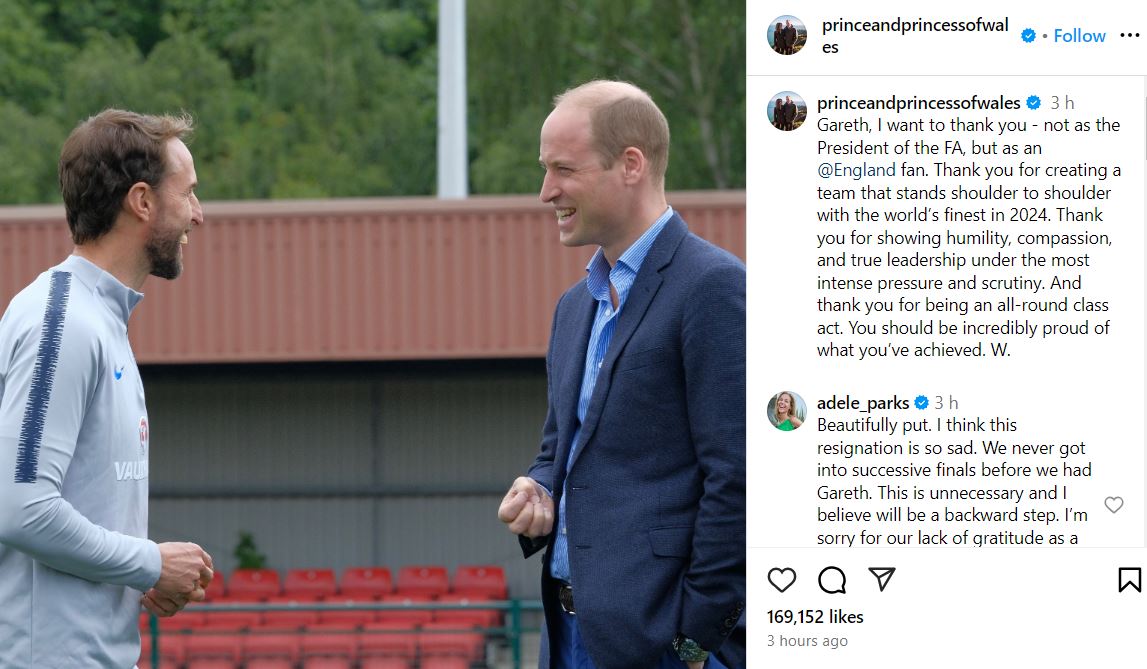 Prince William honors former manager Southgate over resignation