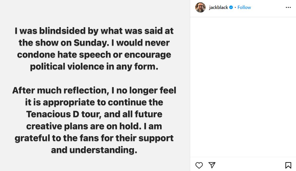 Jack Black feels no longer appropriate to continue tour amid recent controversy