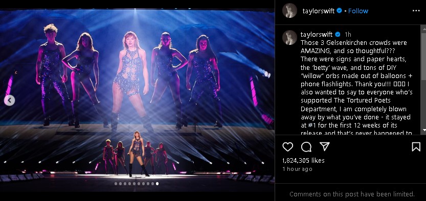 Taylor Swift thanked fans for the support of her latest album, The Tortured Poets Department