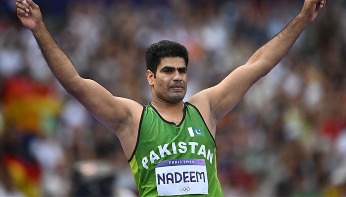 Pakistans Arshad Nadeem reacts after his throw during Paris Olympics Mens Javelin Throw Qualification - Group B at the Stade de France, Saint-Denis, France on August 06, 2024. — Reuters
