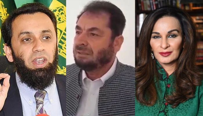 Pakistan Peoples Party (PPP) Senator Sherry Rehman (R), Pakistan Tehreek-e-Insaf (PTI) MNA Iqbal Afridi and Information (C) and Broadcasting Minister Attaullah Tarar. — APP/Geo News/File