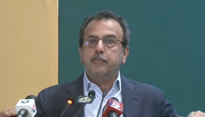 Energy Minister Awais Leghari addresses National Youth Convention in Islamabad on August 20, 2024. — Screengrab/Geo News
