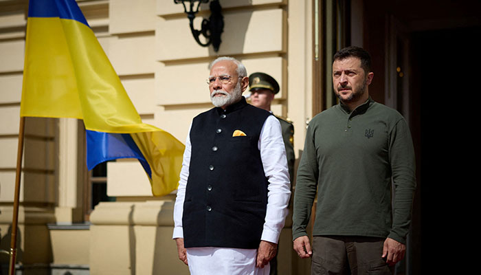 Ukraines President Volodymyr Zelenskiy welcomes Indias Prime Minister Narendra Modi, amid Russias attack on Ukraine, in Kyiv, Ukraine August 23, 2024. — Reuters