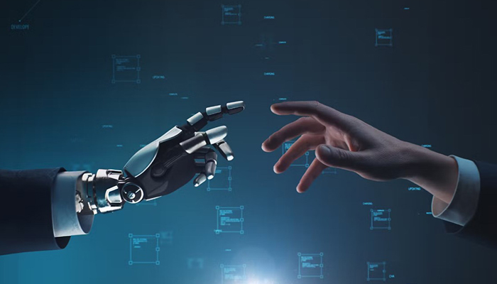 Illustration of an AI-generated robotic hand reaching for a human hand. — Reuters/File