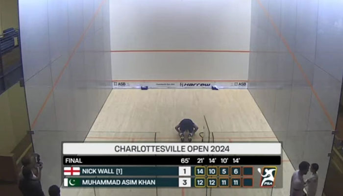 Pakistan’s Muhammad Asim Khan performs Sajda after beating top-seeded Nick Wall of England in the final of the Charlottesville Open. — reporter