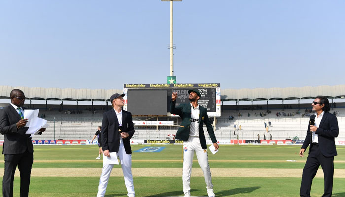 Pakistan skipper Shan Masood flips the coin for the toss in the first Test against England on October 7, 2024. — Facebook/@PakistanCricketBoard
