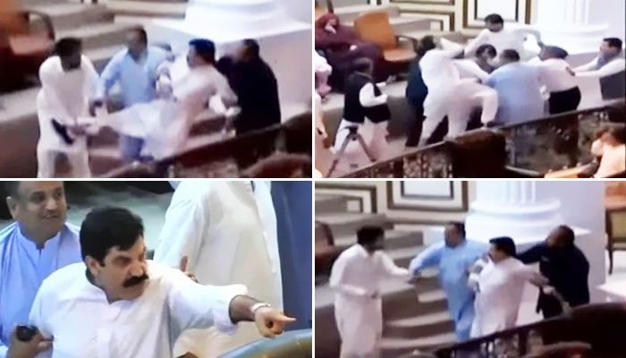 PTI lawmaker Nek Muhammad fighting with PTI-P supporters in KP Assembly on October 8, 2024. — YouTube screengrab/Geo News