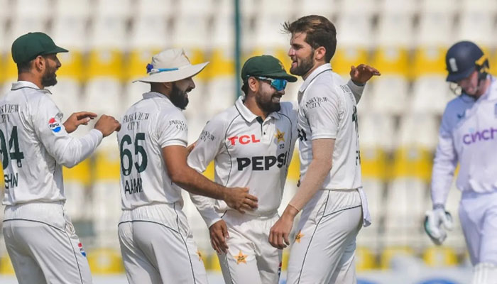 Pakistan players celebrate the wicket of England's Zak Crawley on day three of the first Test at the Multan Cricket Stadium on October 9, 2024. — Facebook/@PakistanCricketBoard