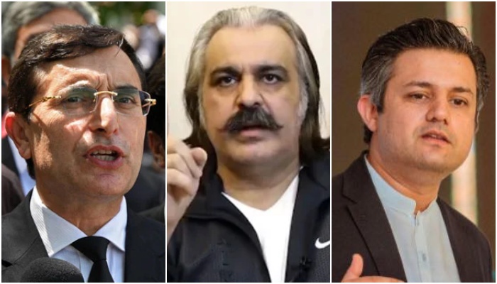 (Left to right) PTI Chairman Barrister Gohar Ali Khan, KP Chief Minister Ali Amin Gandapur and former minister Hammad Azhar. — AFP/Geo News/Facebook//HammadAzharPTI/File